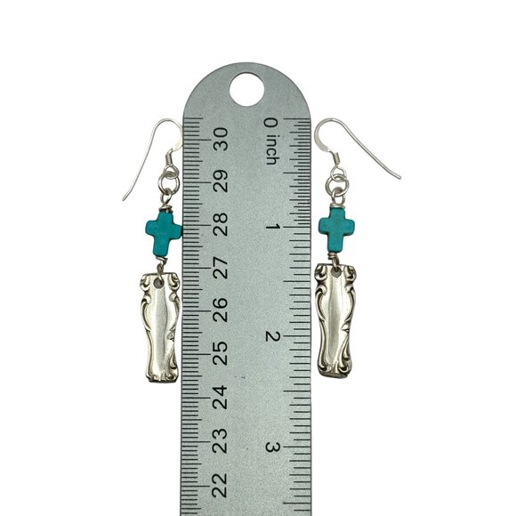 Vintage Spoon Handle Earrings With Turquoise Cross Accents & Silver Hooks - Picture 7 of 10